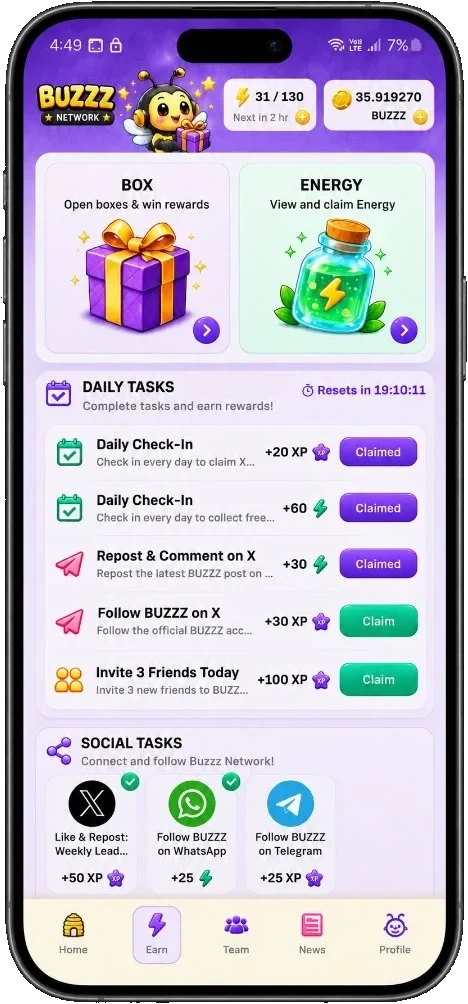 BUZZZ app Earn screen showing Claim Box, Energy and daily tasks