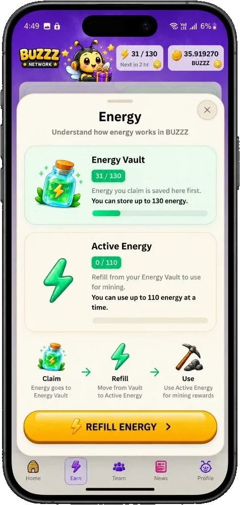 BUZZZ Energy modal explaining Energy Vault, Active Energy and refill flow