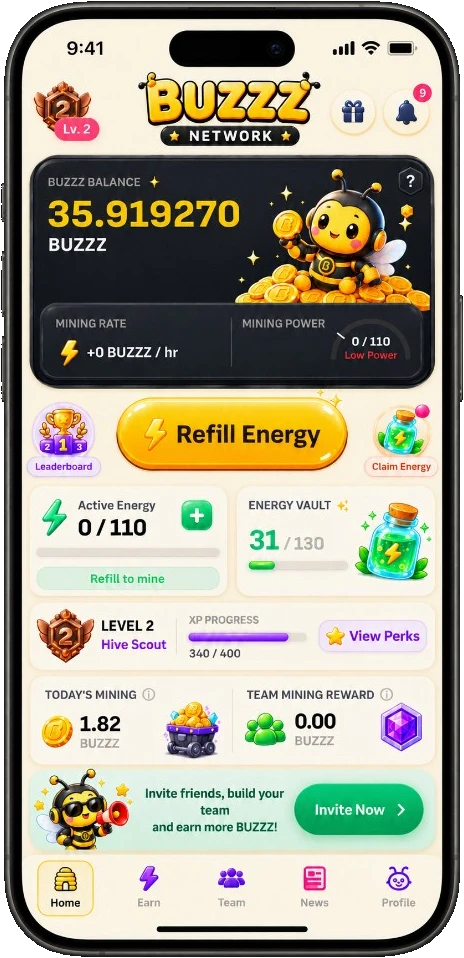 BUZZZ app Home screen showing balance, mining power, Energy and XP