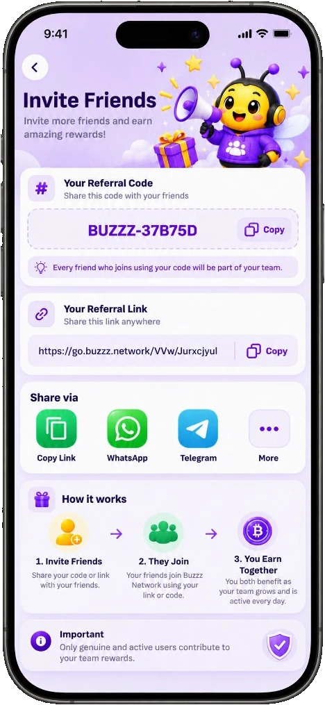 BUZZZ Invite Friends screen with referral code and share options