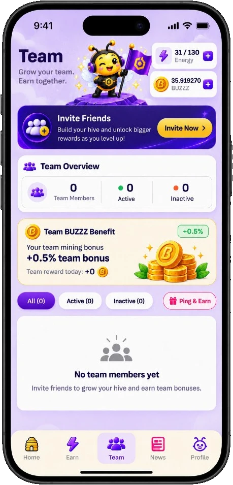 BUZZZ Team screen for inviting friends and team bonuses